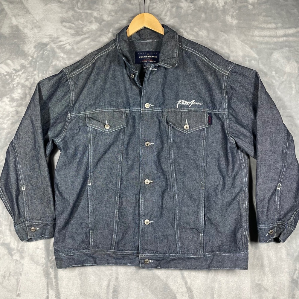 Vintage Phat Farm Denim Jacket XXL Mens Blue Jean Trucker  Embroidered Logo Y2k